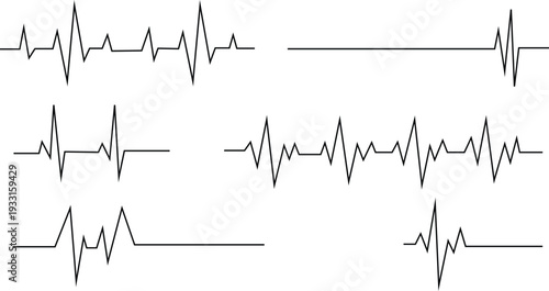 Set of electrocardiogram pulse lines with varying rhythms on white background