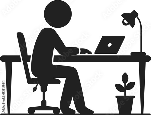 Remote worker silhouette typing on laptop at home office desk with lamp and plant, freelance workspace flat vector illustration