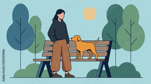 Woman and her dog relaxing on a park bench under the sun, minimalist vector art