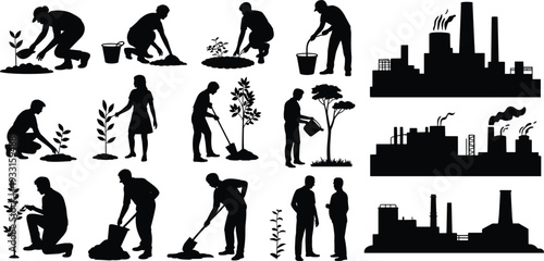 Environmental volunteers planting trees and factory pollution silhouettes, ecology conservation versus industrial emissions concept, black vector illustration isolated on white background
