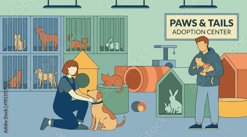 Illustration of a vibrant animal adoption center with staff and various pets