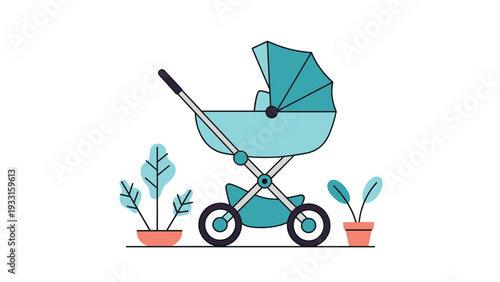 Modern teal baby stroller stands between potted green plants on a clean white background as a symbol of parenthood.