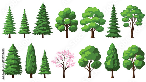 Comprehensive collection of various tree species including pine, fir, spruce, oak, and cherry blossom in different natural shapes.