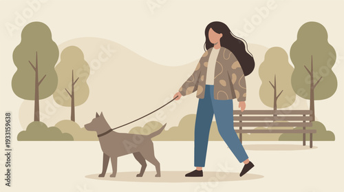 Woman walking a dog on a leash in a park, flat vector illustration