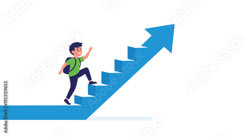 Determined young student with a backpack climbs upward on a blue arrow staircase representing educational success and growth.