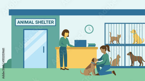Flat Illustration of Animal Shelter Staff Caring for Dogs and Cats
