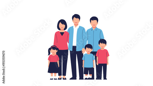 Happy multi-generational family group with parents and children standing together in a symbolic flat illustration style.