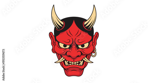 Intricate red demon mask with horns and sharp teeth inspired by traditional Japanese folklore and artistic theater culture.