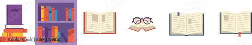 Flat Vector Set of Bookshelf, Stacked Books and Open Book Icons Isolated on Light Background