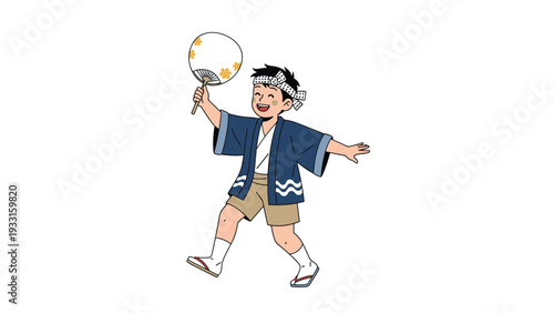 Joyful young boy wearing a traditional blue hanten and headband while holding a paper fan at a Japanese summer festival.