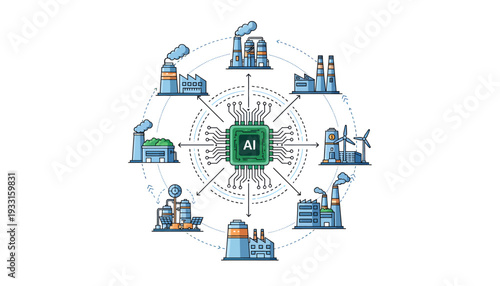 Industrial processes connected to a central microchip technology hub.