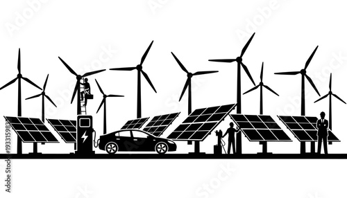 Renewable Energy Sources with Electric Car and Solar Panels.