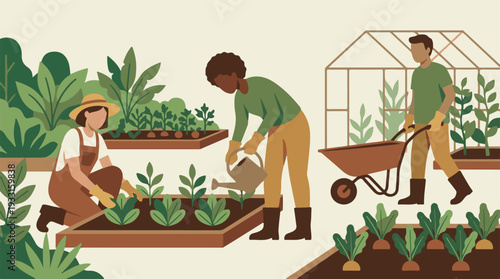 Diverse gardeners cultivating vegetables in community garden with greenhouse