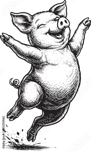 Obraz na płótnie Happy Dancing Pig – Vintage Black and White Engraving Style Illustration