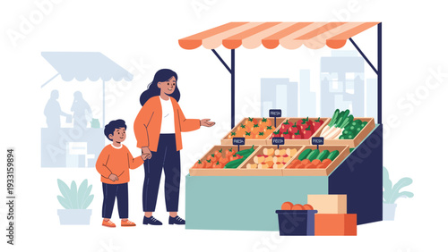 Happy mother and her young son shopping together for fresh produce at a vibrant outdoor vegetable market stall.