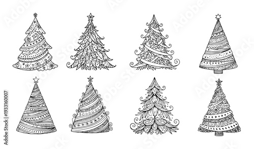 Ornate Gold Christmas Tree Hand Drawn Vector Illustration Festive Holiday Elements Isolated on White