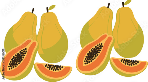 Fresh Papaya Fruit Set with Whole and Sliced Tropical Papaya Vector Illustration Collection