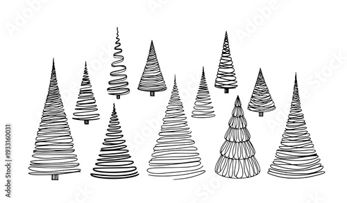Hand Drawn Gold Christmas Tree Set Vector Illustration Elegant Holiday Line Art Isolated on White