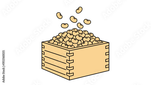 Traditional wooden box overflowing with roasted soybeans representing the Japanese Setsubun festival and traditional customs.