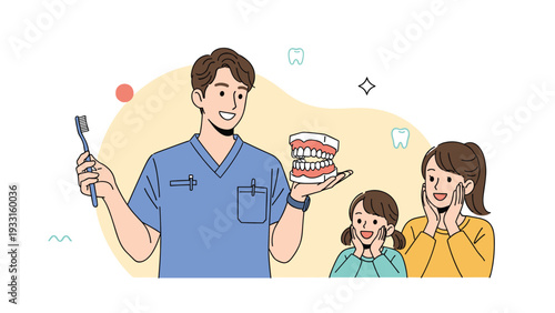Professional male dentist explains dental hygiene to a mother and daughter using a realistic anatomical model of human teeth.