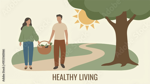 Couple enjoying healthy living, carrying fresh produce in nature, illustration