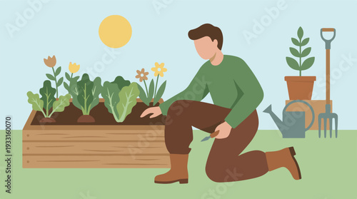 Man tending to a raised garden bed with various plants and tools.