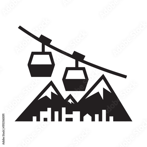Minimalist depiction of a ski resort with cable cars and mountains