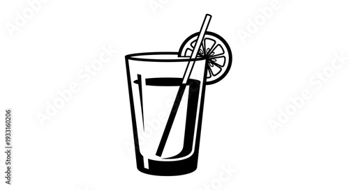 black and white illustration of glass with lemon and straw