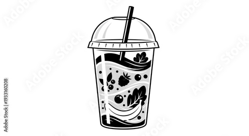 black and white illustration of a refreshing fruit drink