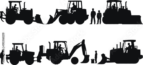 Heavy construction machinery silhouette set with operators and workers, bulldozer excavator loader tractor vehicles isolated on white background, black vector illustration collection