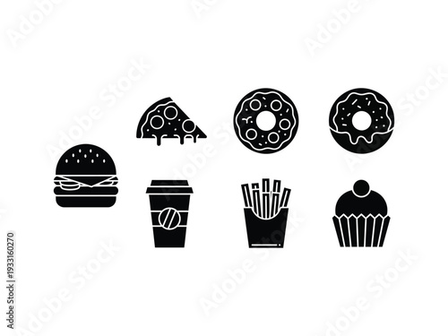 Assorted black and white icons of popular fast food and drink items Vector