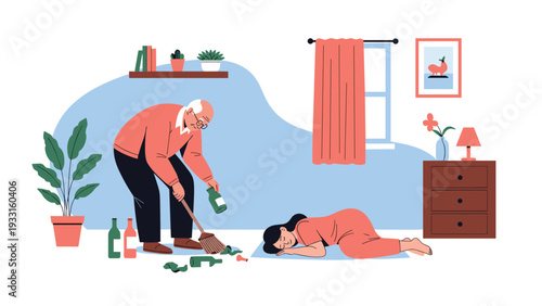 Concerned elderly man sweeping up broken glass bottles while a woman lies unconscious or sleeping on the floor nearby.