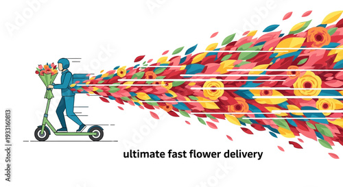 A dynamic illustration portrays a speedy flower delivery service, where a courier on a scooter generates a colorful, flowing stream of blossoms.