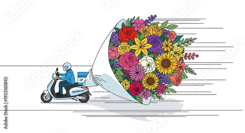 An illustration depicts a rapid flower delivery service, with a person on a scooter transporting an enormous, colorful bouquet at high speed.