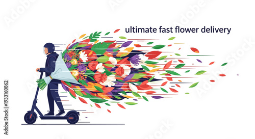 An energetic illustration depicts a modern courier on an electric scooter, providing rapid and colorful flower delivery services with speed.