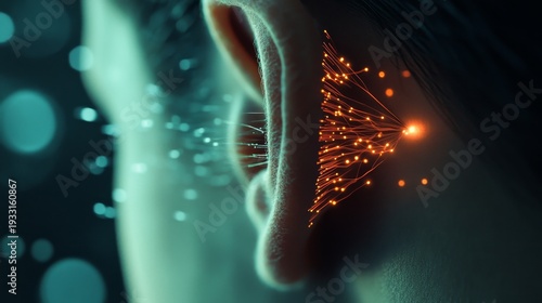 Wallpaper Mural A conceptual image depicts a human ear with digital elements and vibrant lights, merging biology and technology Torontodigital.ca