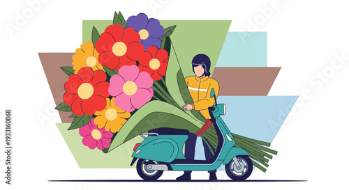 A vibrant illustration depicts a cheerful courier on a teal scooter, swiftly delivering a magnificent, colorful bouquet of fresh flowers for a special occasion.