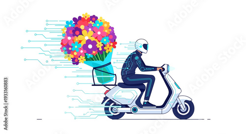A futuristic delivery person on a scooter transports a vibrant bouquet of flowers, illustrating modern e-commerce and swift service.