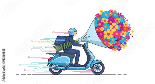 A speedy delivery person on a blue scooter swiftly transports a massive, vibrant bouquet of colorful flowers, emphasizing efficient service and joy.