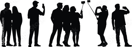 Silhouette of Young People Taking Selfies with Smartphones and Selfie Stick, Friends Capturing Photos and Videos for Social Media Isolated on White Background