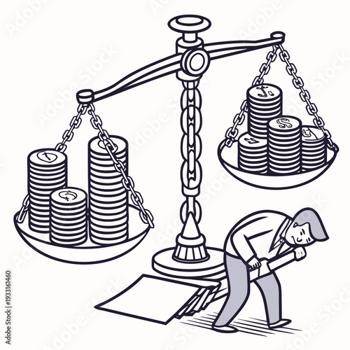 Man struggling under heavy financial burden with unbalanced scales