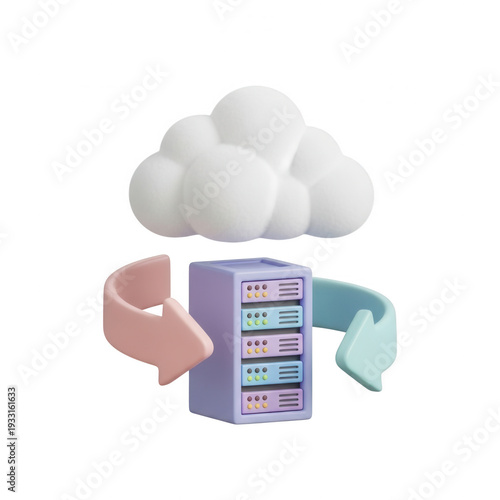 Plakat Cloud computing server rack with transfer arrows for data storage, backup, and network synchronization concepts in 3D illustration on transparent background