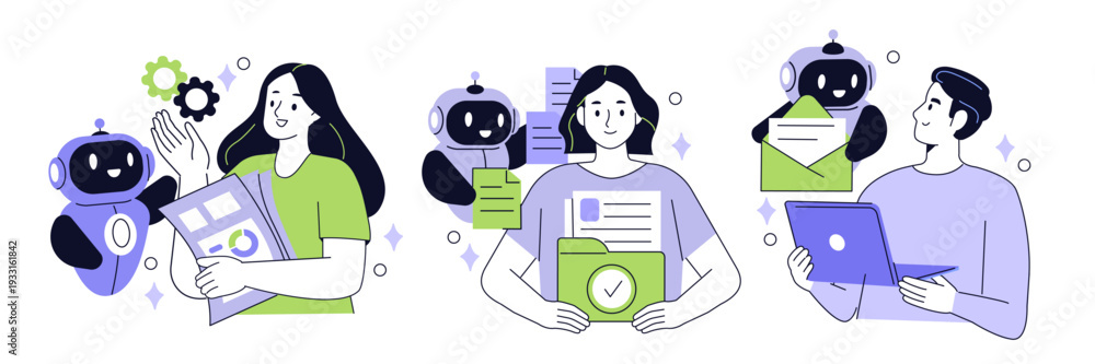 Naklejka premium Character using virtual ai agent algorithms to structure data, improve accuracy, productivity. Automated document processing concept set. Vector illustration.