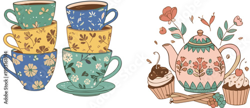 Hand Drawn Floral Teapot and Stacked Coffee Cups with Cupcakes Cute Pastel Vector Illustration