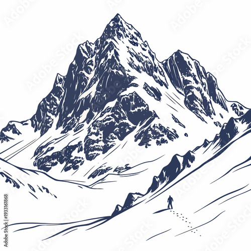 Snowy mountain peak with hiker and rugged texture