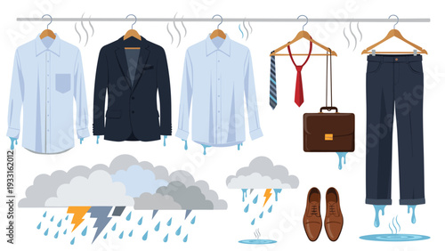 Laundry day interrupted by rain showing wet business suits and shirts on hangers under dark stormy clouds with lightning.