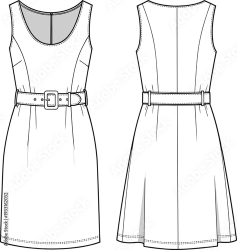 Sleeveless belted midi dress vector illustration, scoop neck A line dress technical flat sketch front and back fashion template