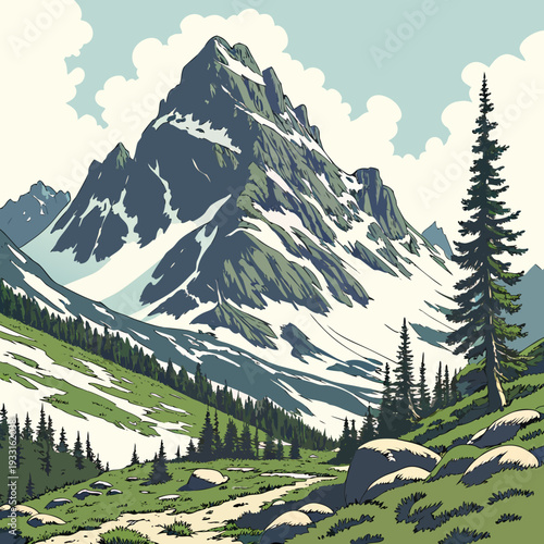 Snow covered mountain peak with trees and rocks on green hills