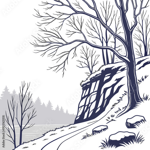 Snow covered cliff with bare trees on white background