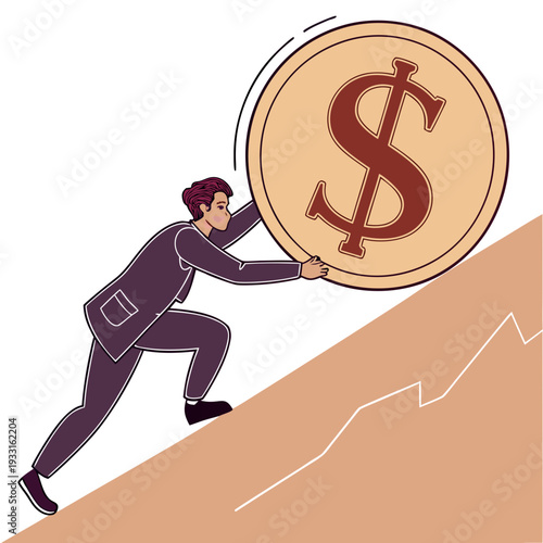 Businessman pushing large dollar coin up incline suit